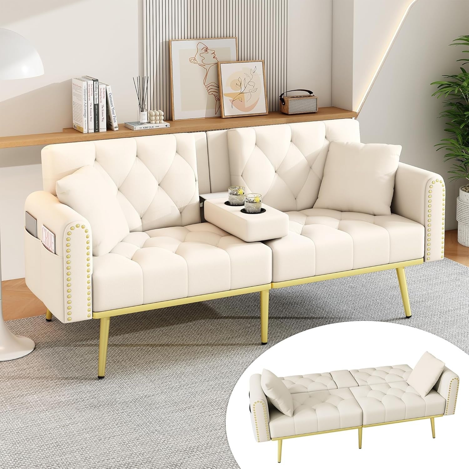 2-Sitzer Schlafsofa mit Schlaffunktion, verstellbarer R¨¹ckenlehne, Getrankehalter und Seitentaschen, 175 ¡Á 80 ¡Á 73,5