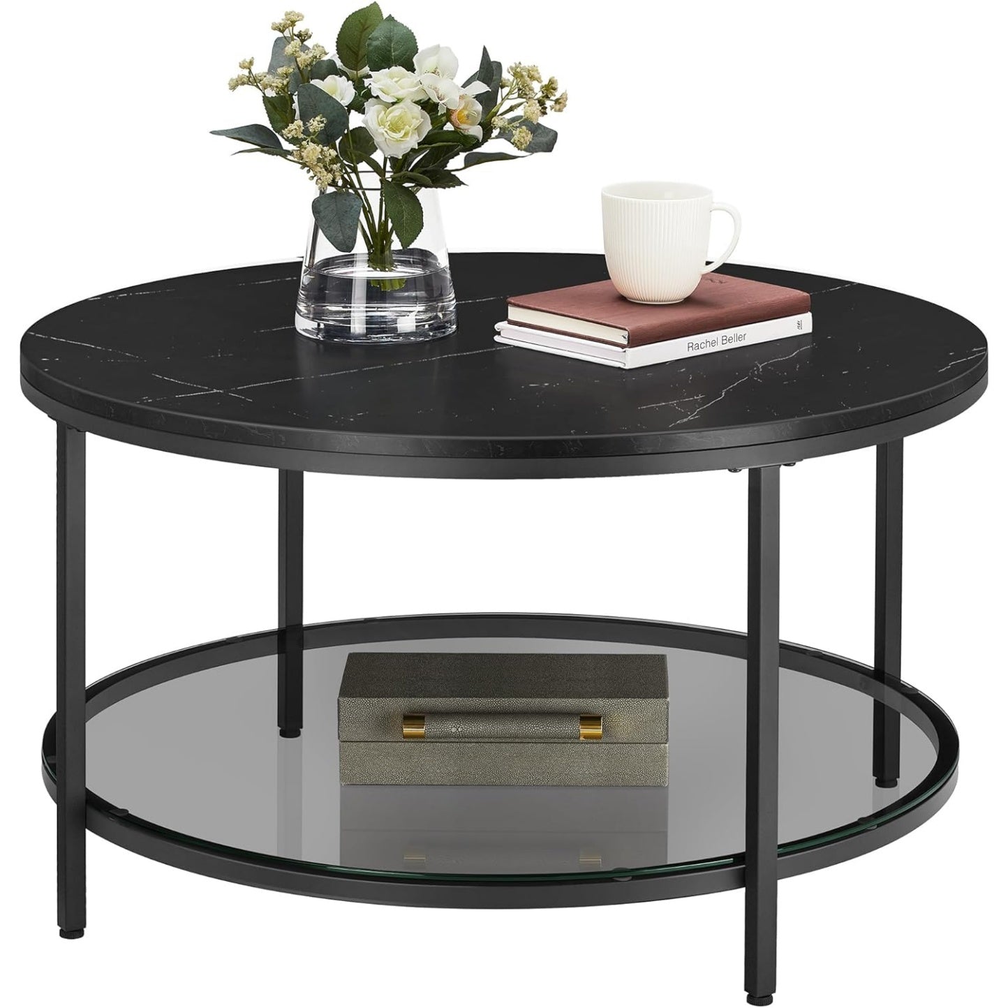 Couchtisch mit Glasplatte und Stauraum, Marmorschwarz und
