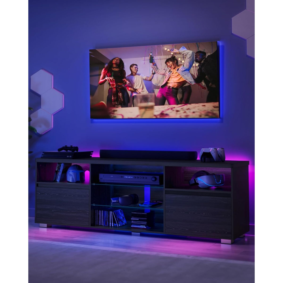 TV-Schrank mit LED-Beleuchtung f¨¹r Fernseher bis 70 Zoll, offene Ablagen und 2 T¨¹ren, 160 cm,