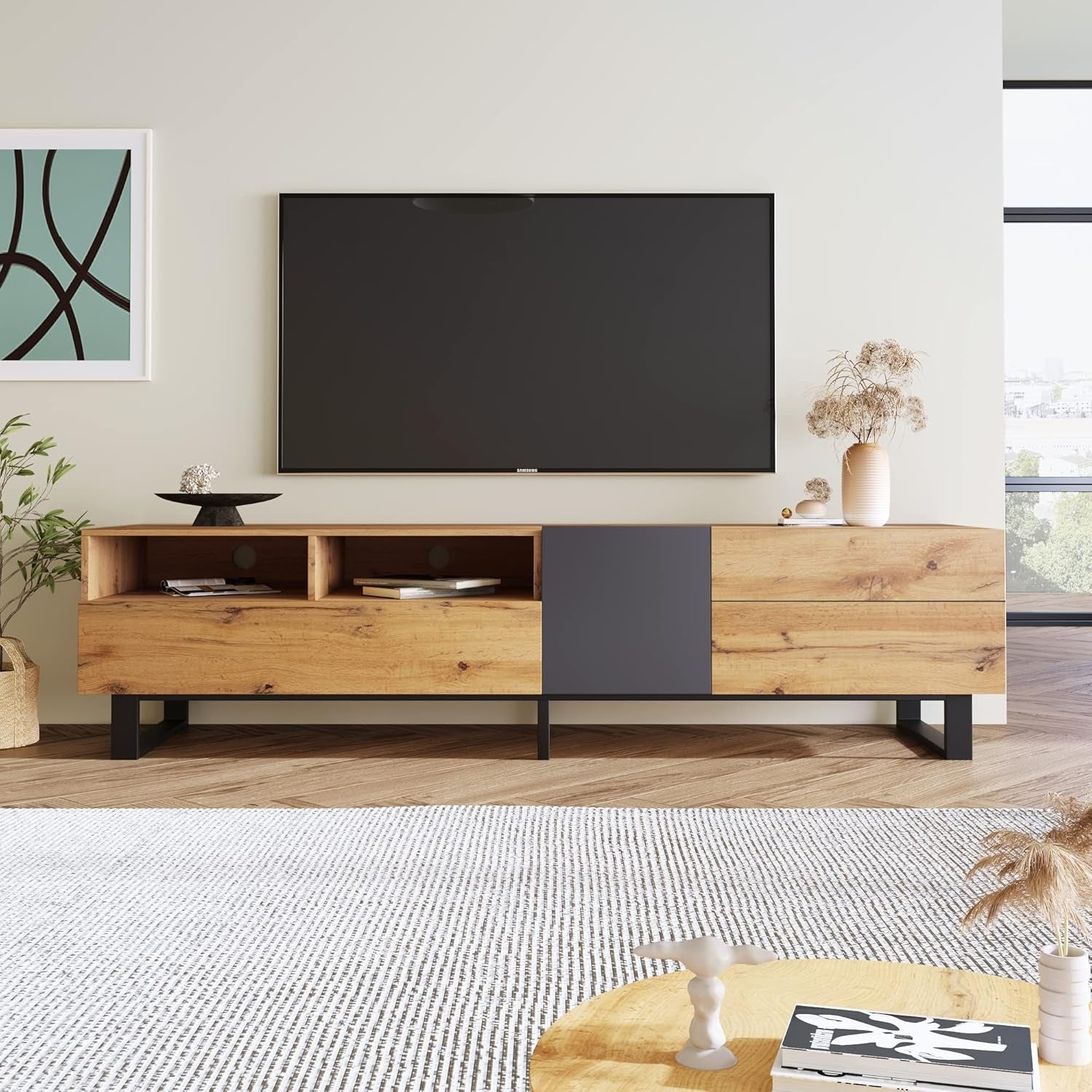 TV-Lowboard in Schwarz und Wildeiche mit 2 T¨¹ren und 2 Schubladen, 180 ¡Á 38 ¡Á 50