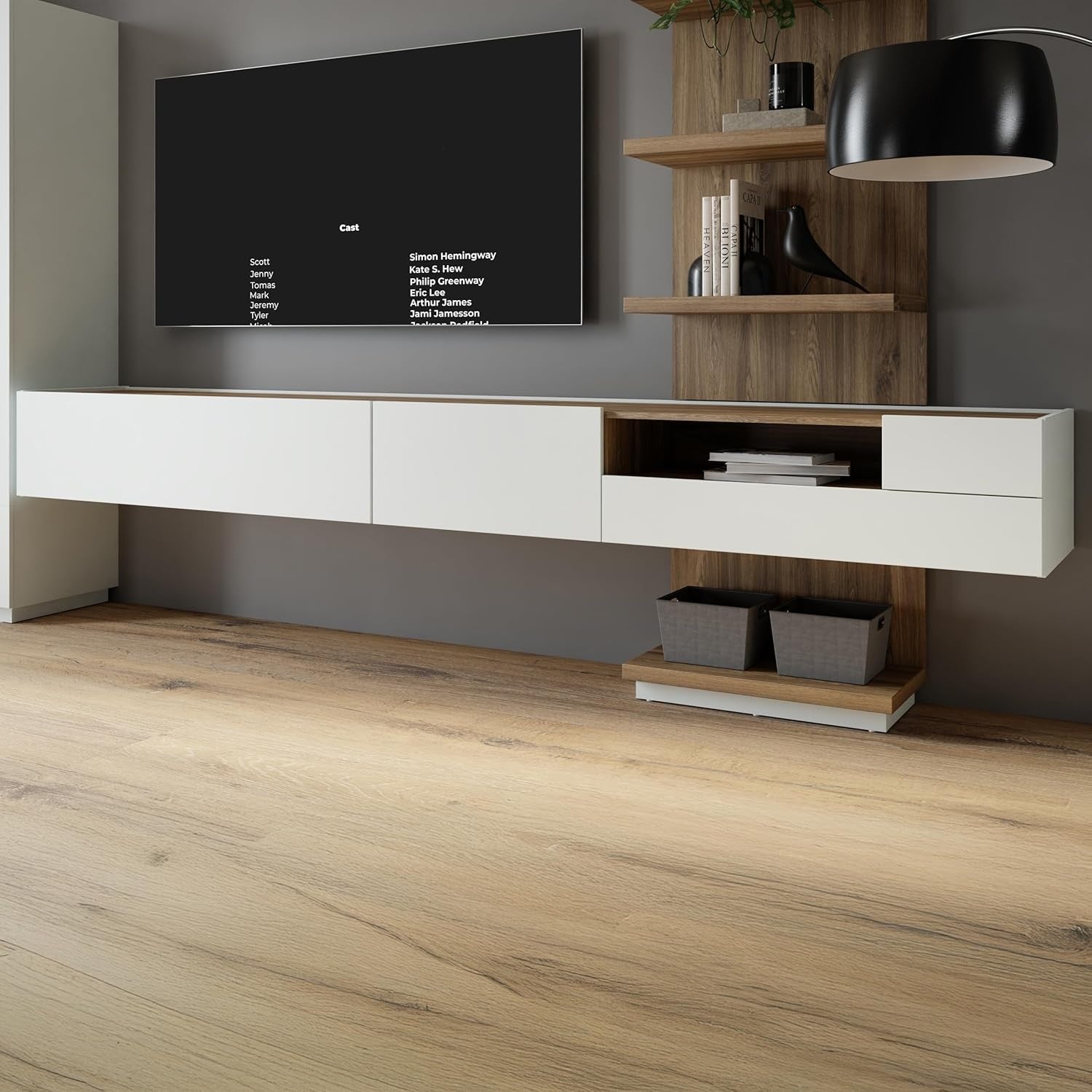 Hangendes TV-Lowboard mit Klappe, T¨¹r und Schublade, Grau und Eiche, 269,4 ¡Á 32,2 ¡Á 41