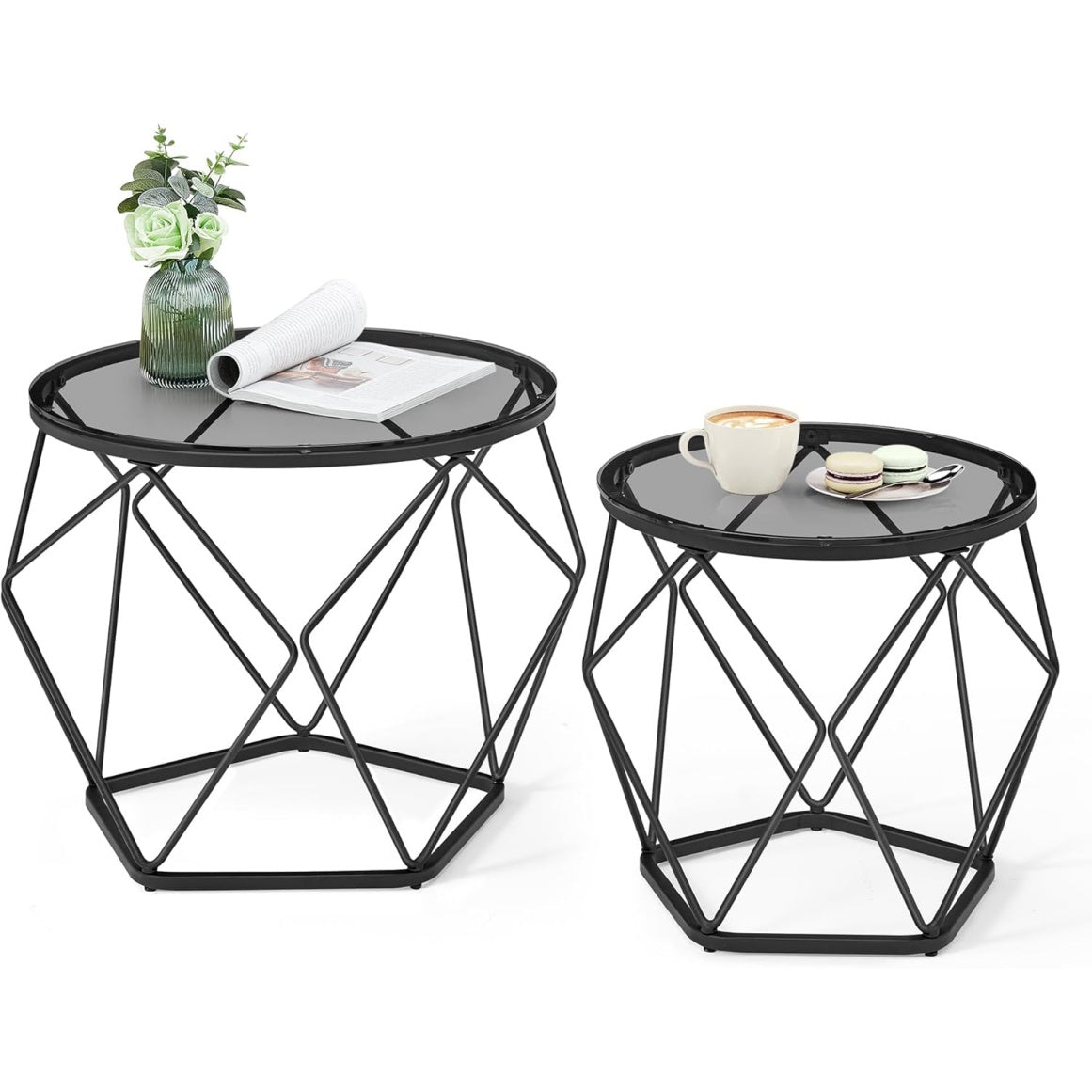 Rundes Couchtisch-Set mit 2 Tischen und abnehmbarer Tischplatte, Schiefergrau und