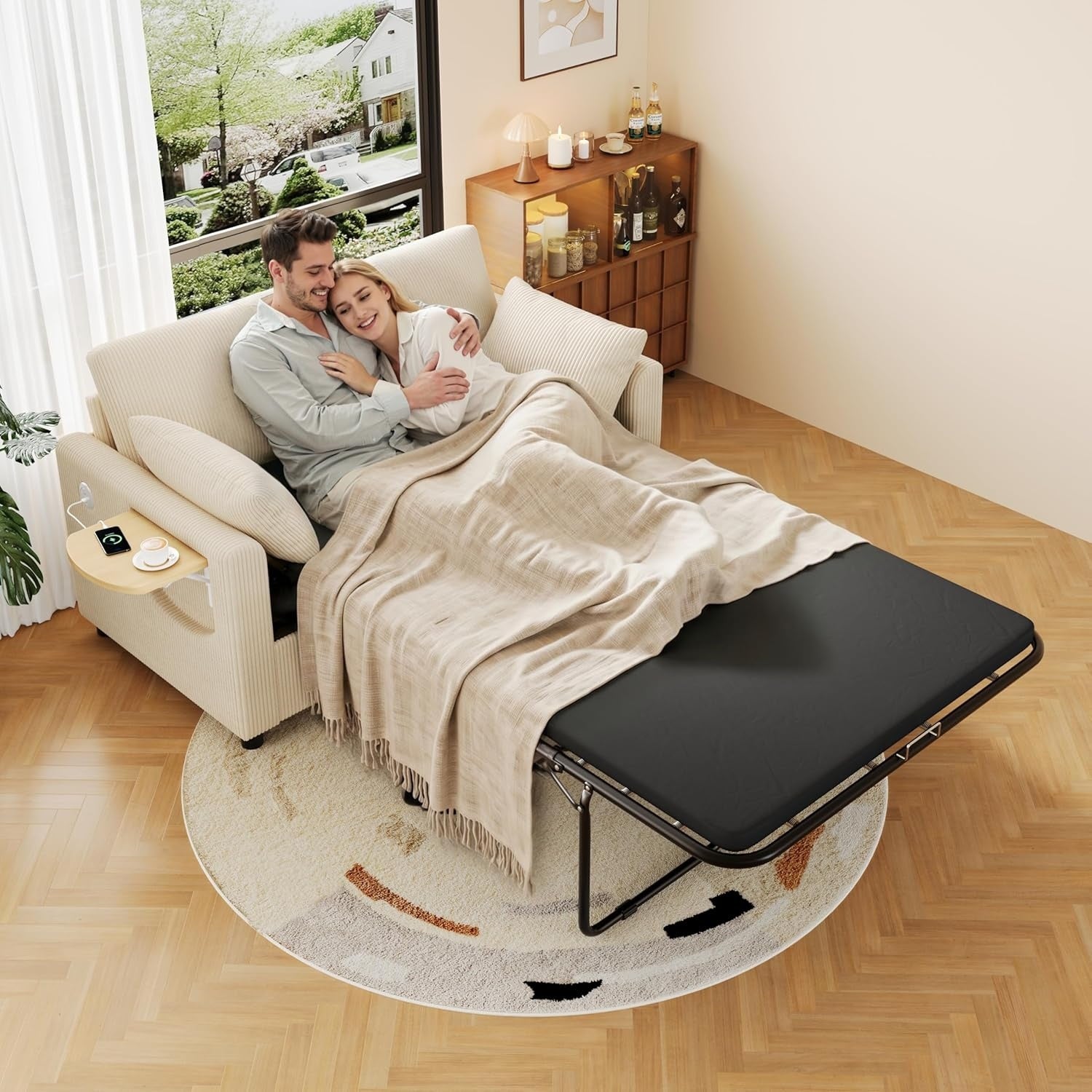 2-Sitzer Schlafsofa aus Cord mit Ausziehbett, klappbarem Seitentisch und USB-Anschluss, 134 ¡Á 84