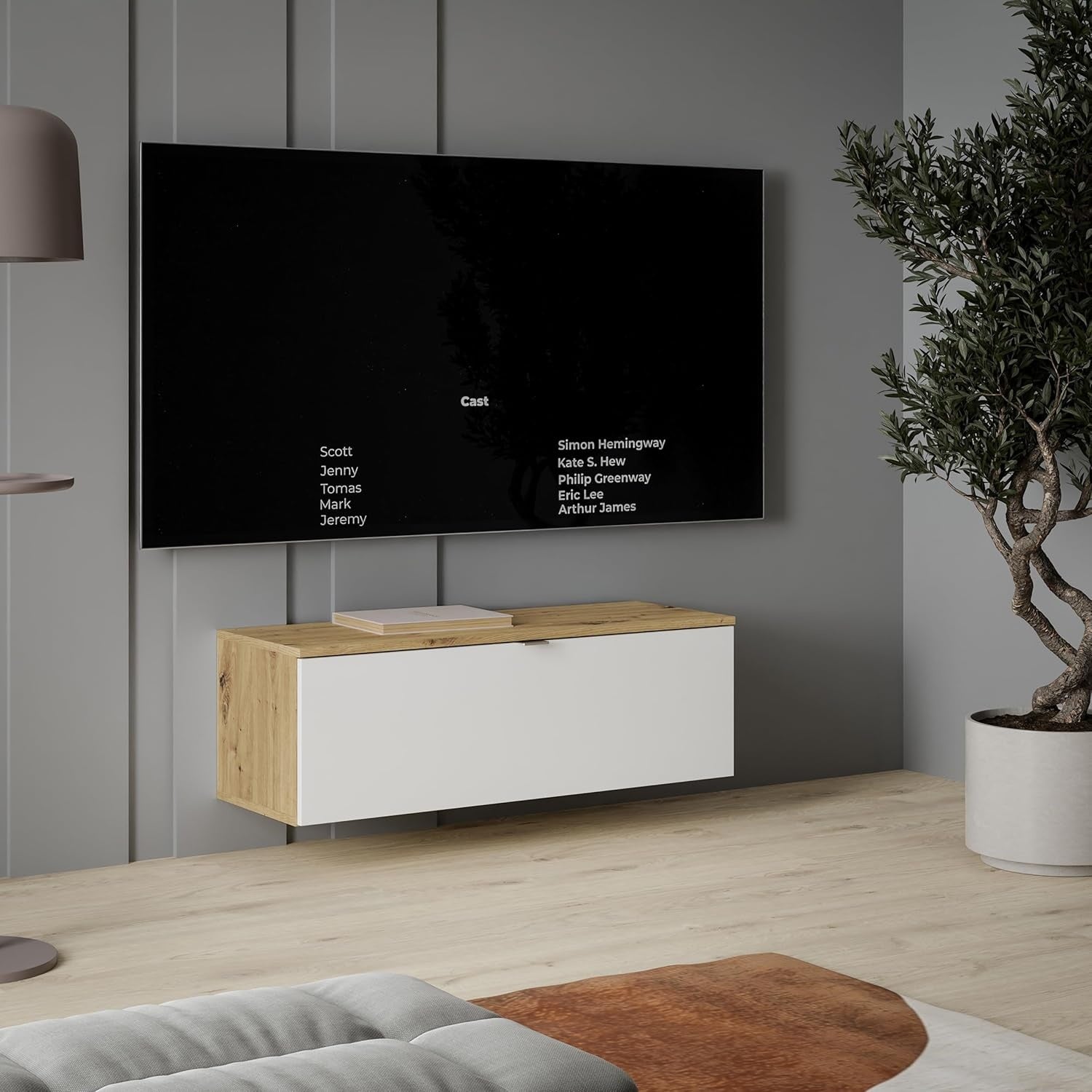 TV-Lowboard f¨¹r Wand- oder Standmontage aus Holzwerkstoff in Wei? matt und Artisan-Eiche, 99,9 ¡Á 35,4 ¡Á 34,8