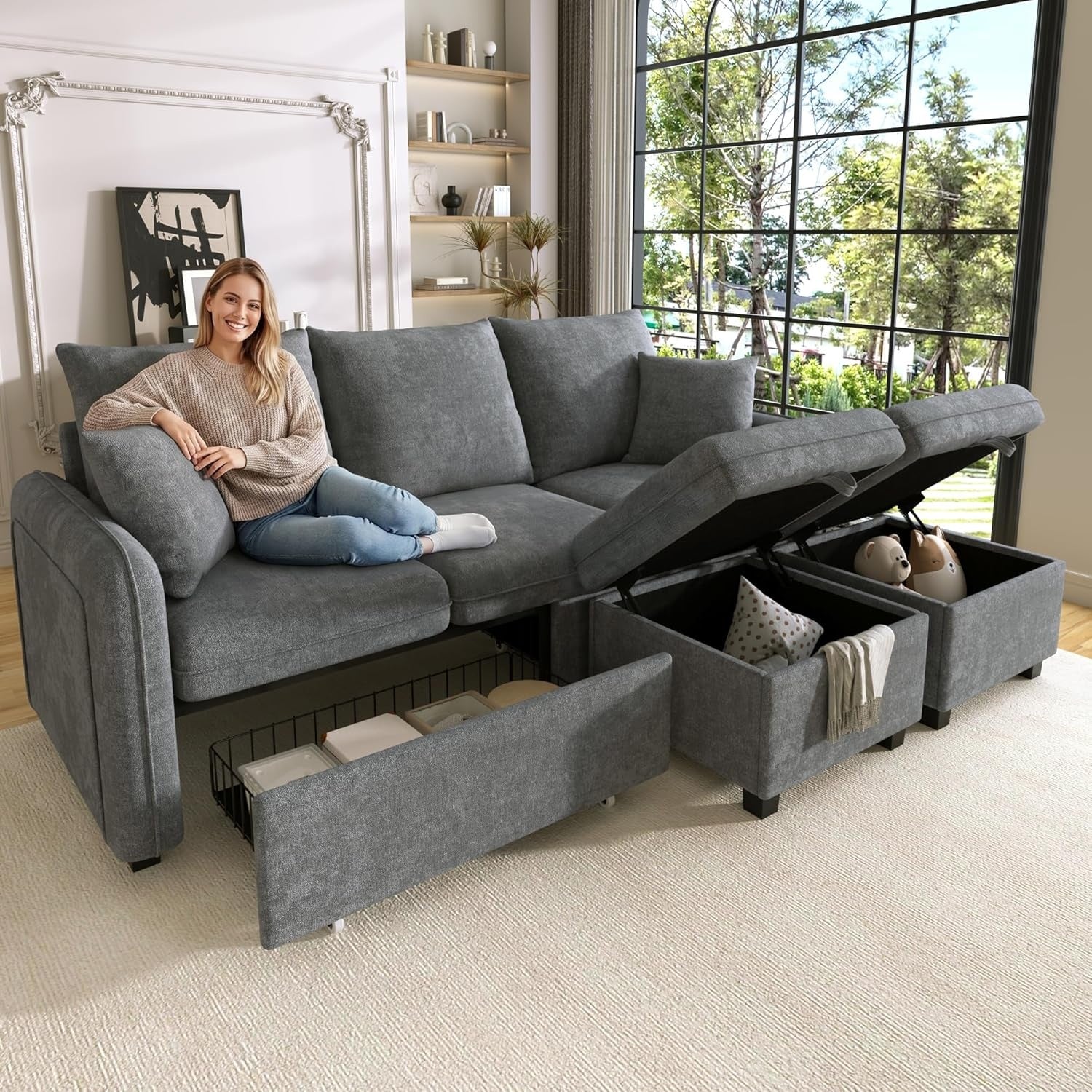 Modulares 3-Sitzer Ecksofa mit Schlaffunktion, 2 Stauraumhockern und 2 Schubladen aus
