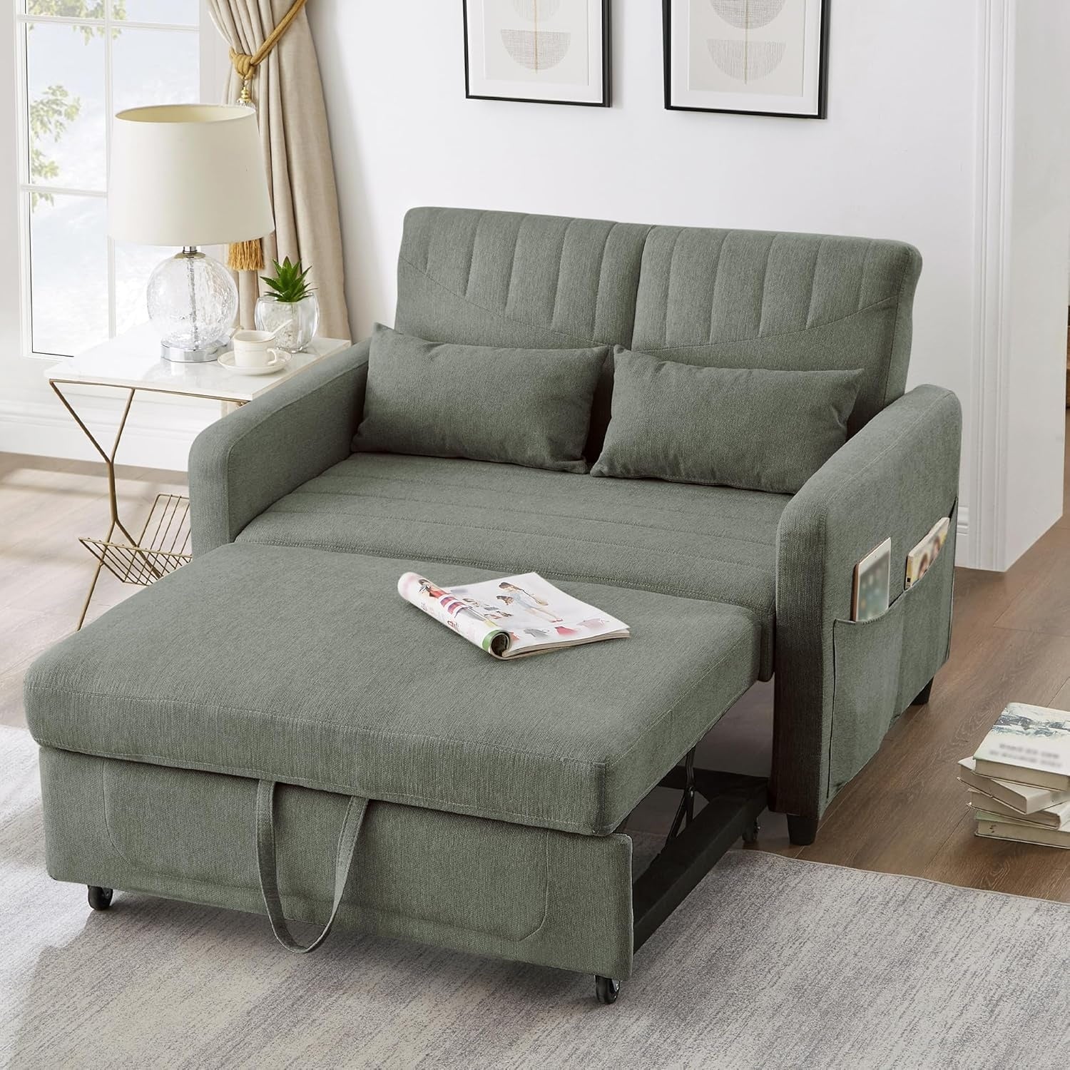 2-Sitzer Schlafsofa mit Ausziehfunktion, verstellbarer R¨¹ckenlehne und Seitentaschen, 166 ¡Á 114