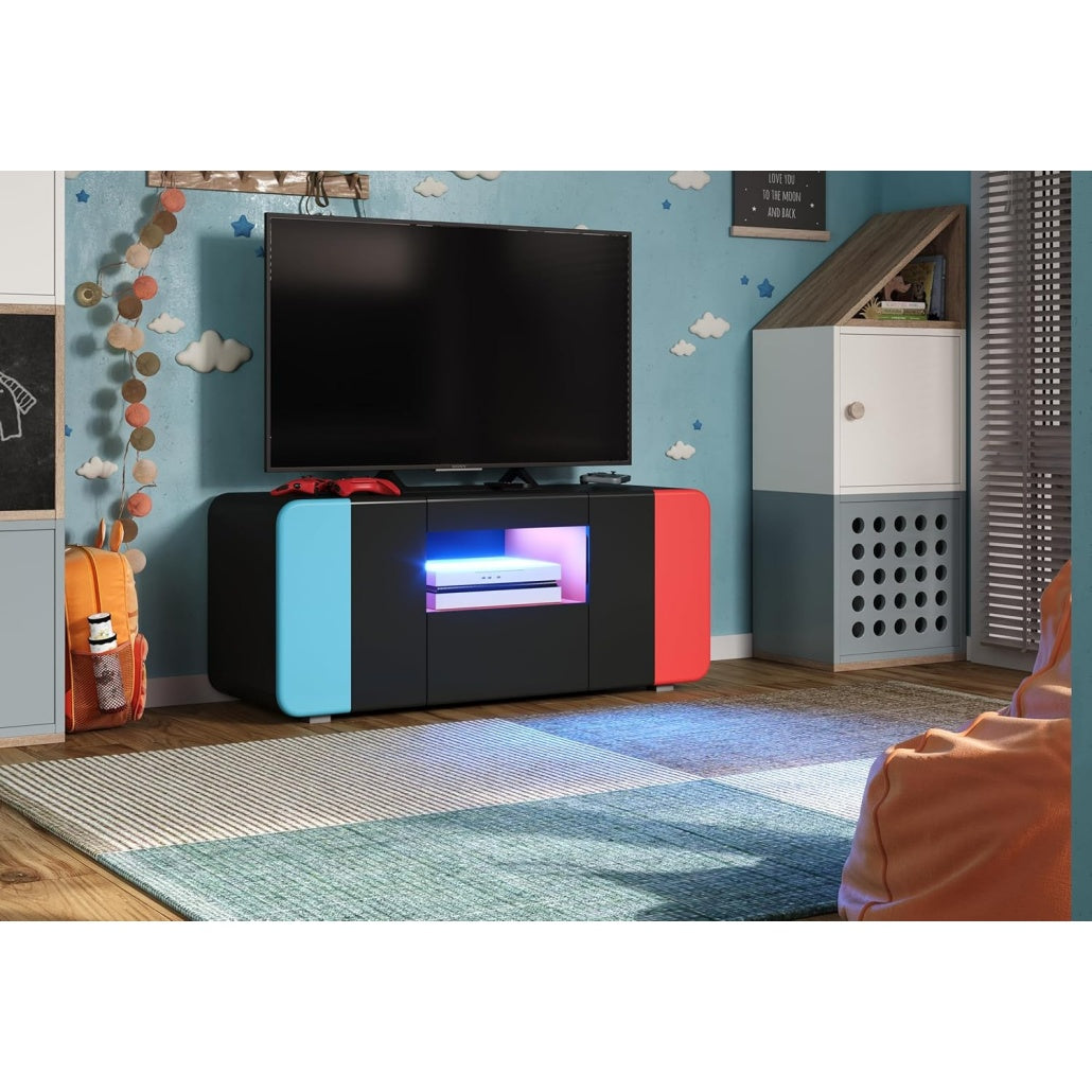 Gaming-TV-Lowboard in Schwarz mit roten und blauen Akzenten sowie LED-Beleuchtung, 115 ¡Á 49 ¡Á 42