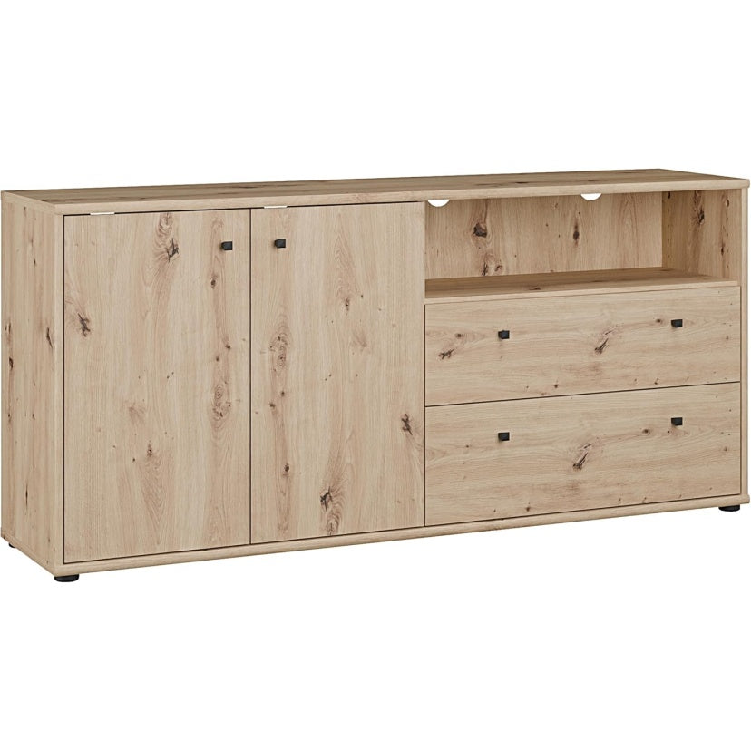 TV-Kommode mit 2 T¨¹ren und 2 Schubladen aus Holzwerkstoff in Artisan-Eiche, 143,9 ¡Á 66,3 ¡Á 34,8