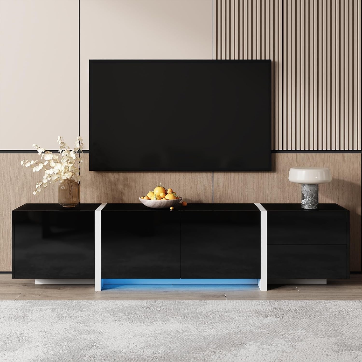 TV-Lowboard in Hochglanz Schwarz mit LED-Beleuchtung, 3 T¨¹ren, Schublade und Klappt¨¹r, 170